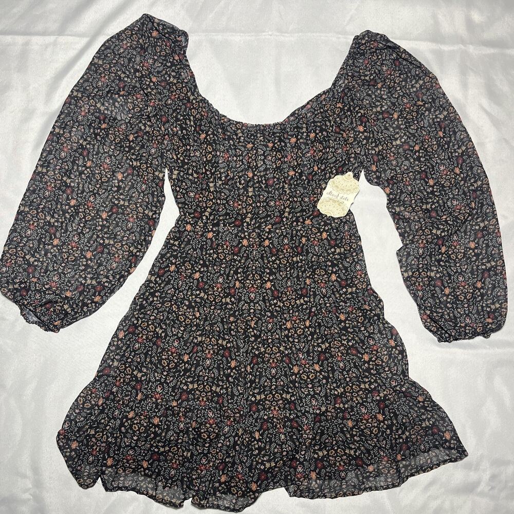 Altar’d State Tiered Ruffle Mini Dress M Boho Prairie Balloon Sleeve Tie back